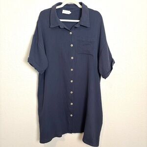 Ninexis Muted Blue Cotton Button Down Shirt Dress Women’s XL Lagenlook Casual